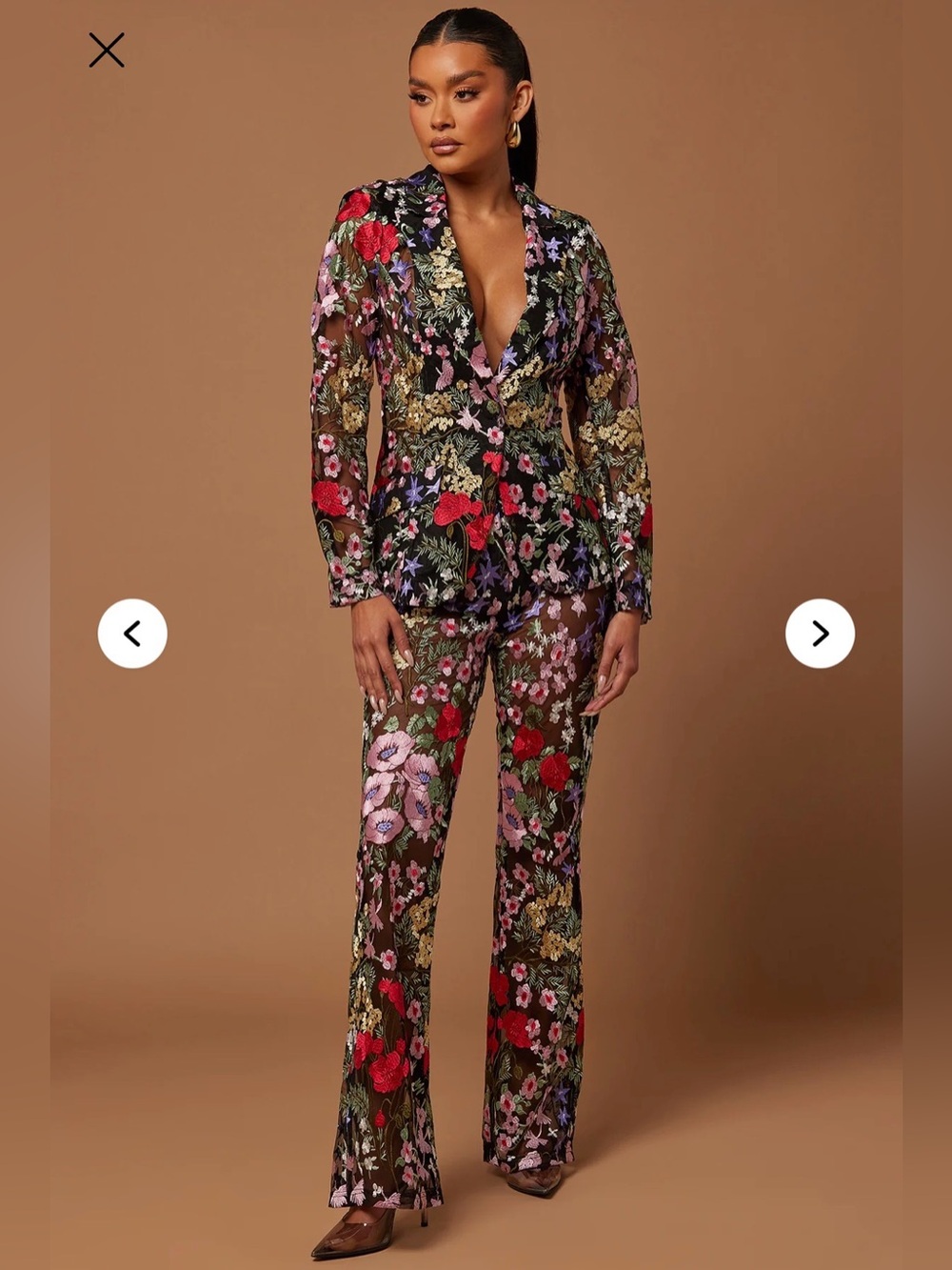 Fashion Nova Black Sheer Floral Embroidered Blazer & Pants Set